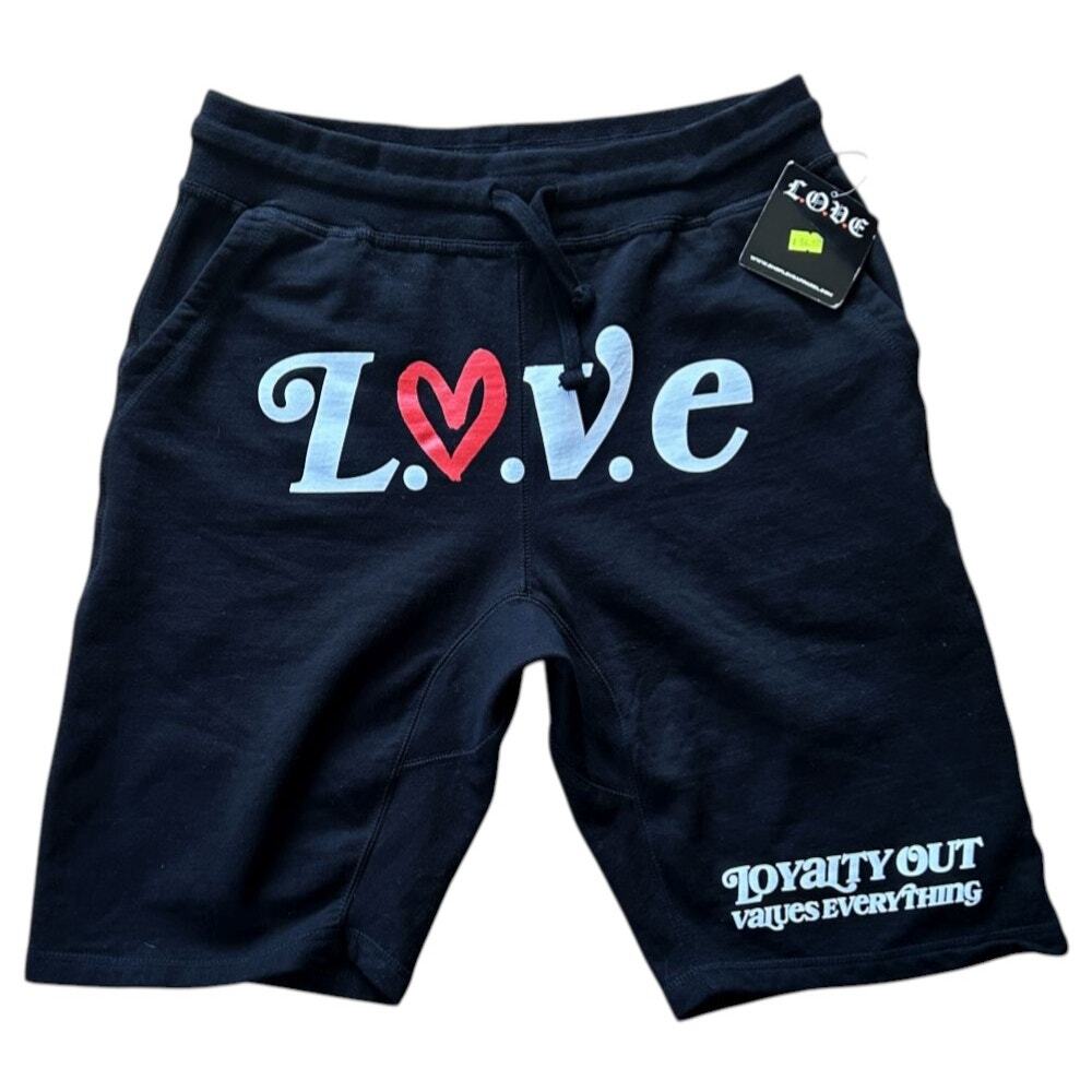 NWT L.O.V.E. 'Loyalty Out Values Everything' Black Graphic Sweat Shorts XL